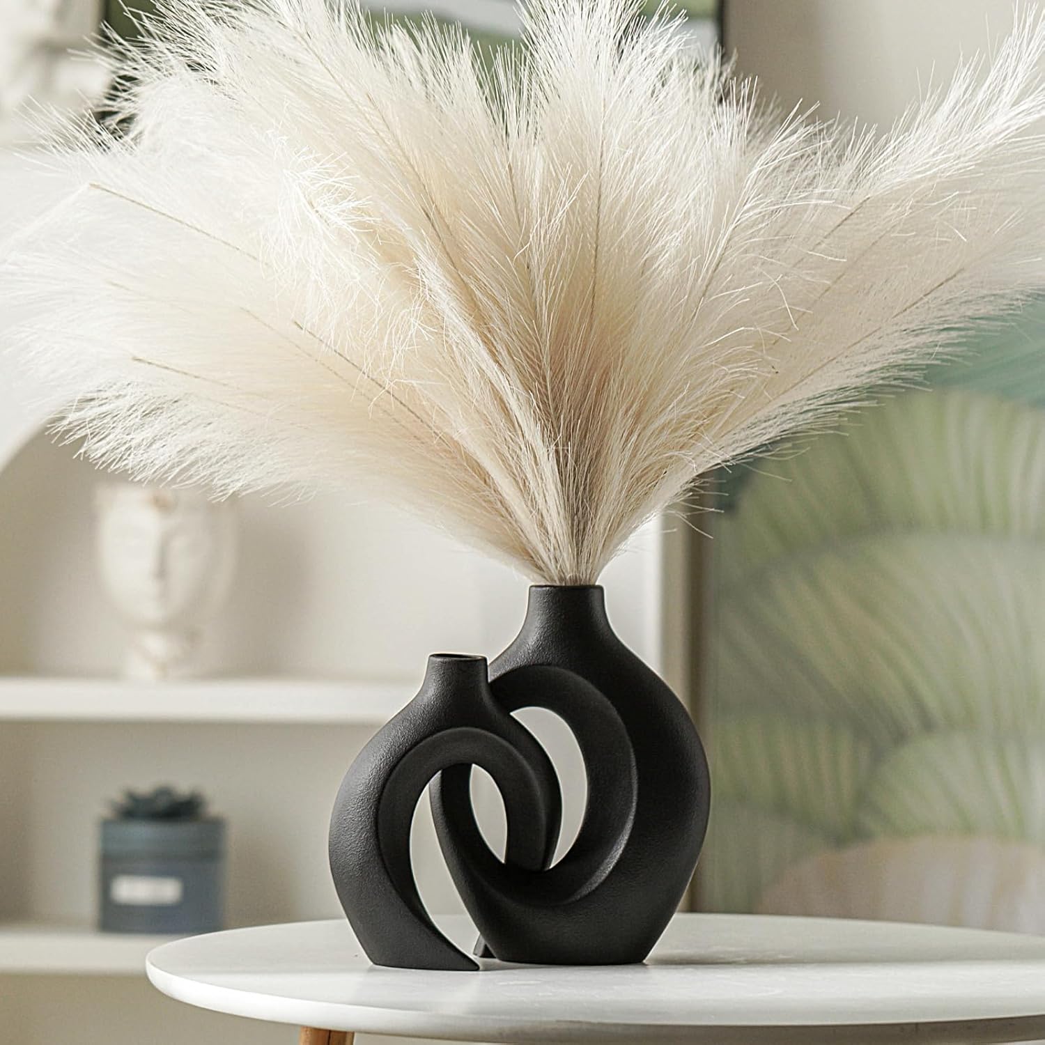Ensemble de 2 vases en céramique, style bohème moderne nordique, vases décoratifs esthétiques en céramique pour la décoration intérieure (noir) - 3