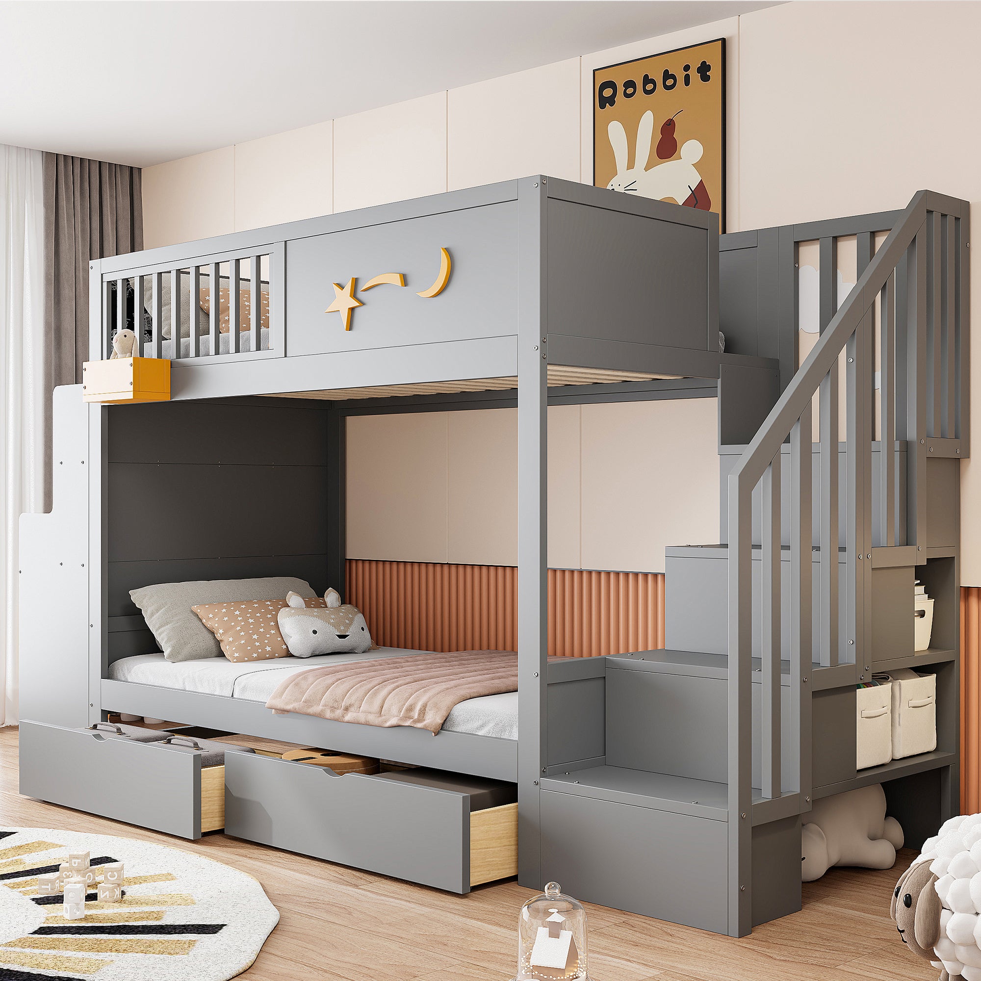 Lit Superposé Enfant 90x200cm avec Tiroirs de Rangement, Escalier ...