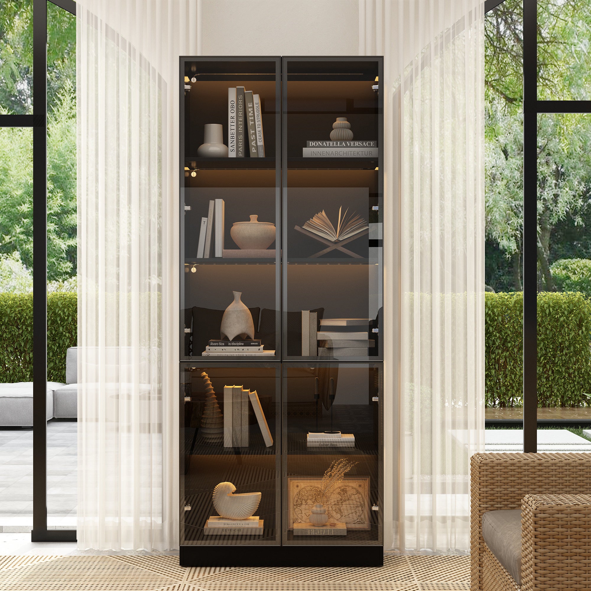 Vitrine Avec Portes En Verre Trempé,Bibliothèque,5 étagères,6 Portes