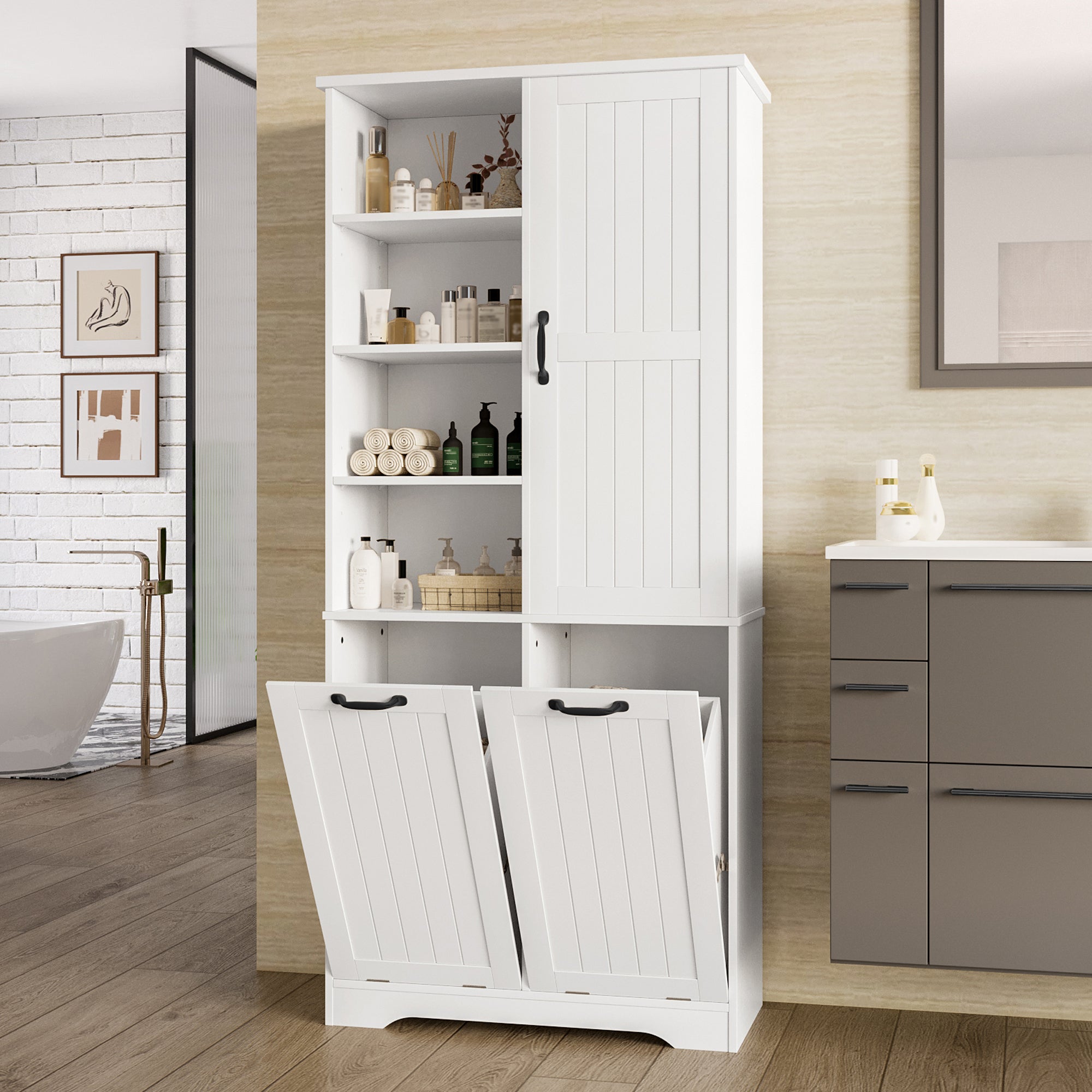 Meuble salle de bain avec 2 panier à linge, Armoire salle de bain avec 4 compartiments ouverts, Meuble colonne MDF Blanc（78x35x172cm） - 7