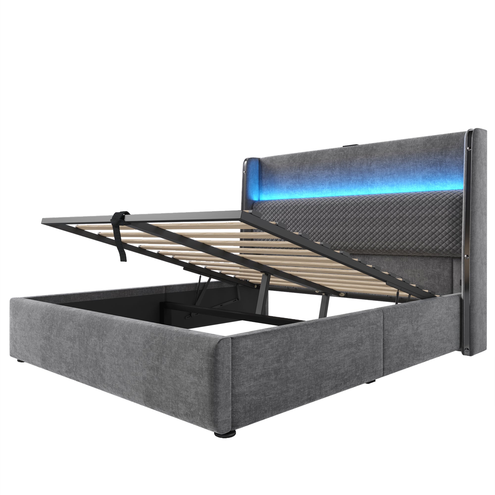 letto contenitore 140x200 cm testiera alta LED, stazione di ricarica USB/Type-C lino grigio senza materasso - 7