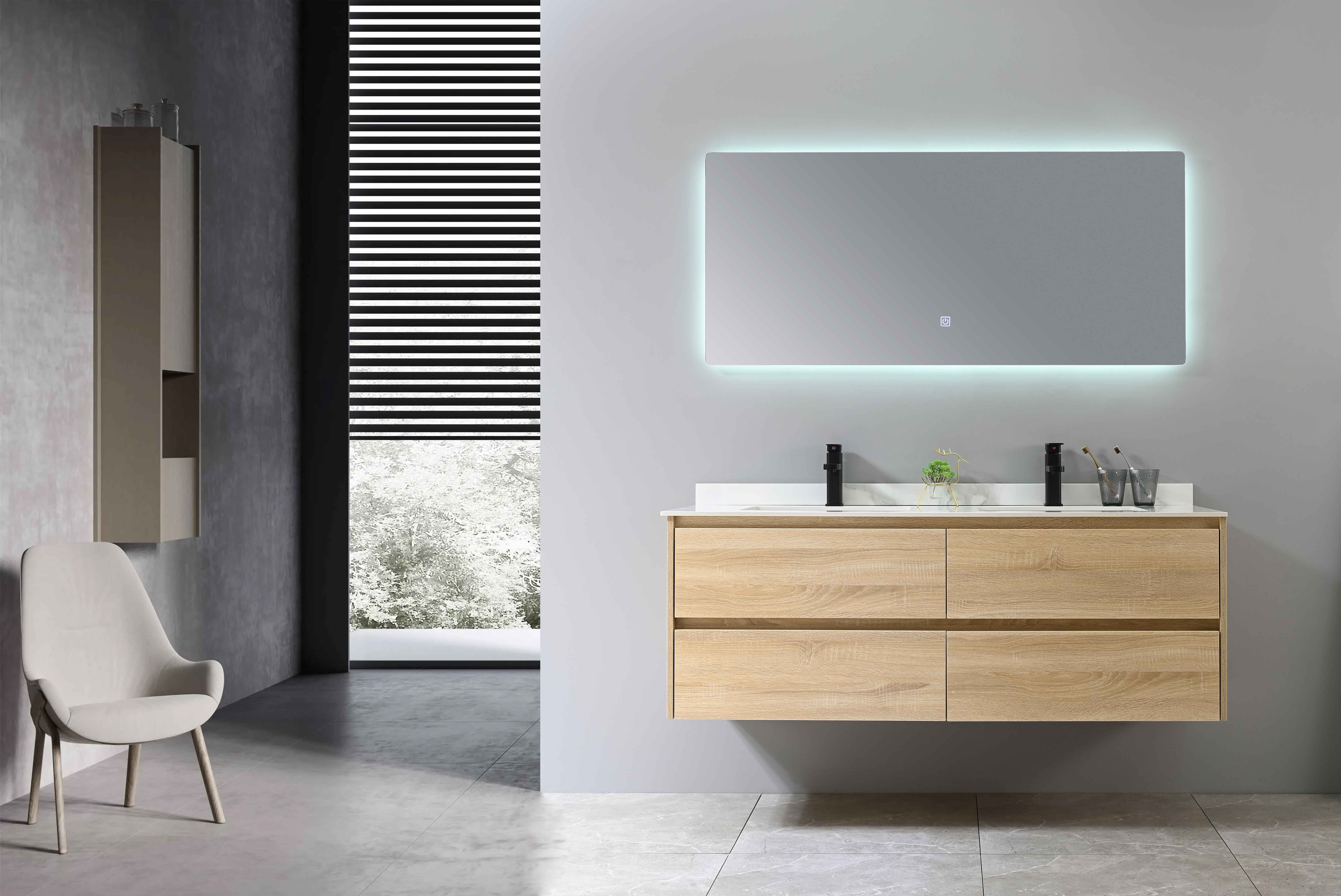 LuxuryBain- Meuble de salle de bain double vasque 140cm bois et blanc effet marbre avec miroir LED LB-8475 - 2