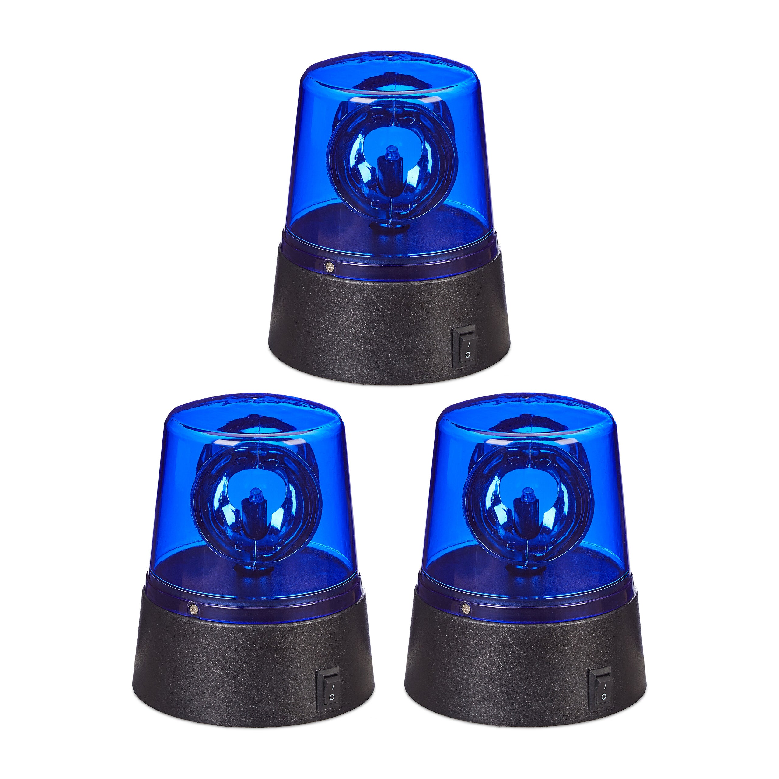 Relaxdays set 3 luces policía led, luz advertencia omnidireccional, para fiestas, a pilas, fiestas, cumpleaños, azul