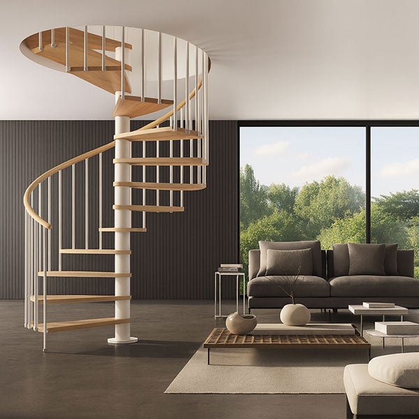 Escalier colimaçon 15 marches - Haut. à franchir 3.08 à 3.60m - Diam. 140cm - Struct. blanche et marche naturel - Trémie ronde - PHOLA140/SBMNAT-15 - 5