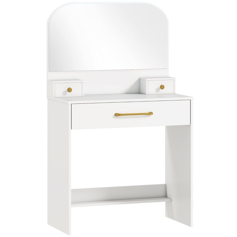 Masă de toaletă cu oglindă, Masă de toaletă compact cu 3 sertare, alb, spațiu de depozitare încorporat, 80 x 40 x 135 cm