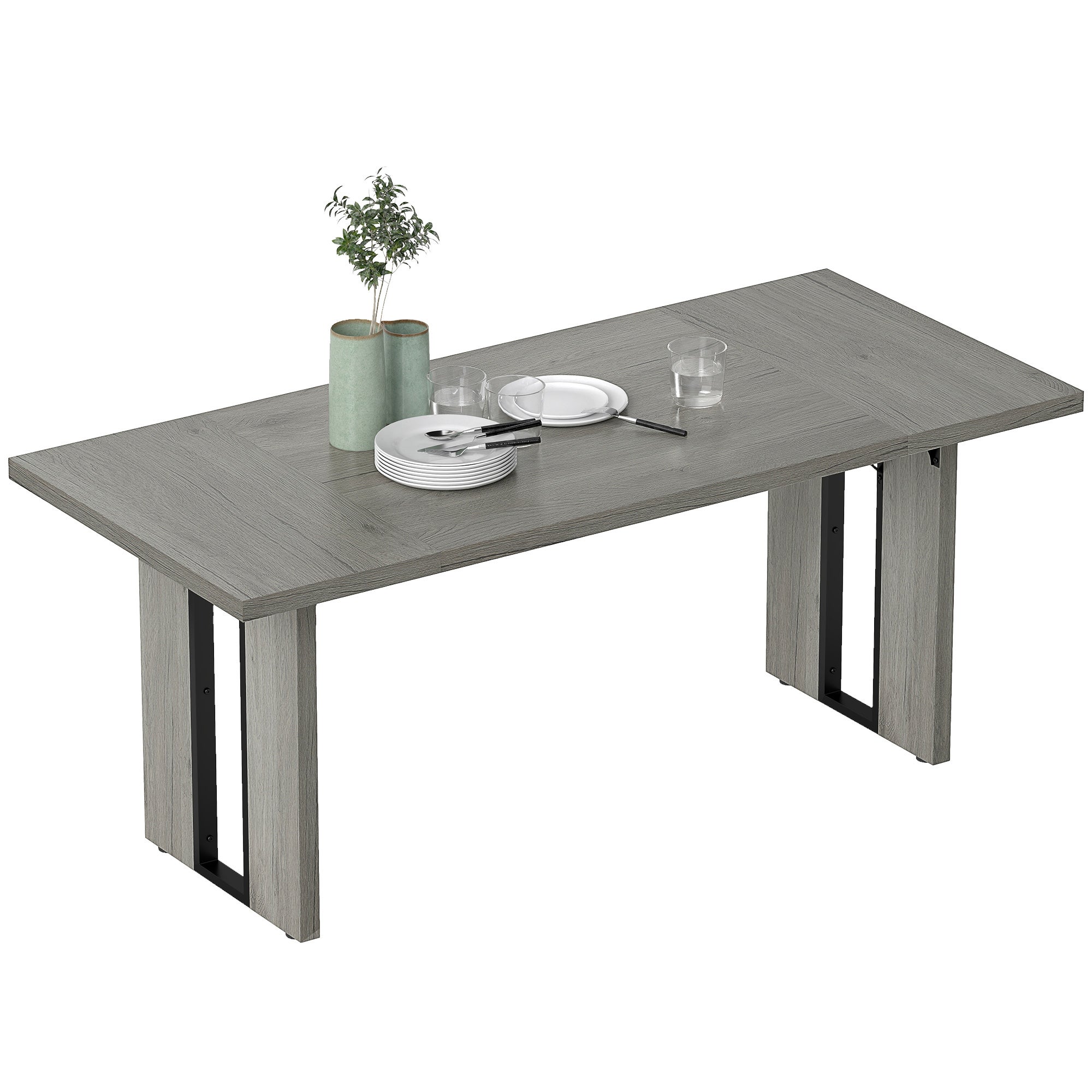 Mesa de comedor de estilo industrial para un máximo de 8 personas, en madera y acero, 180x80x75 cm, gris.