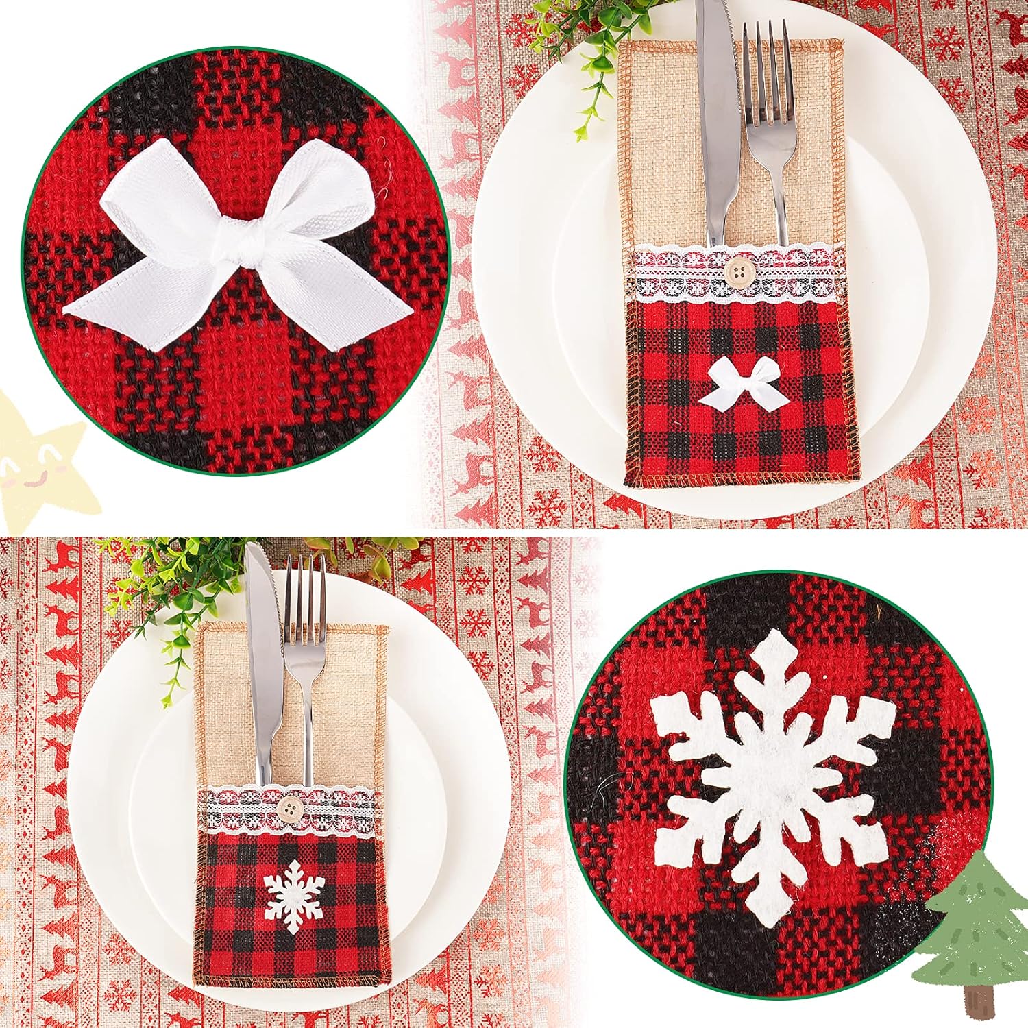 Set di 12 sacchetti per posate natalizie - lino a quadri rossi e neri, portaposate da cucina, sacchetti per posate natalizie, decorazione da tavola pe - 5