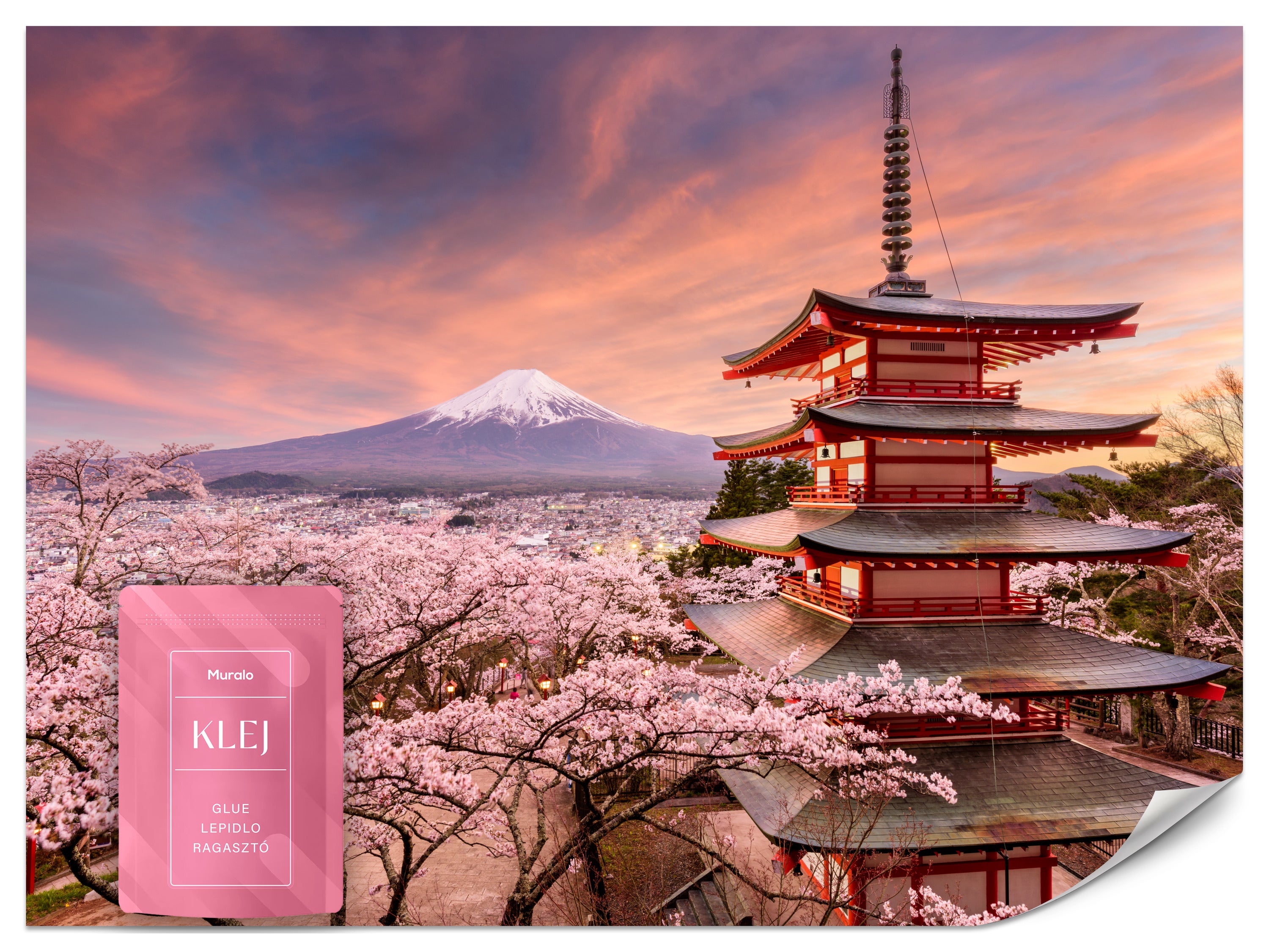 FOTOTAPETA DO SALONU PEJZAŻ PAGODA GÓRA FUJI SAKURA ZACHÓD SŁOŃCA 350x256
