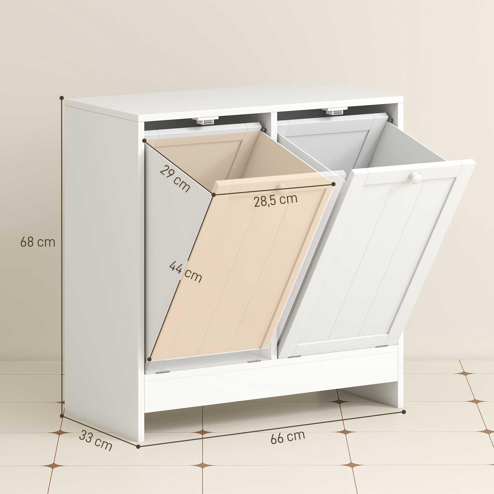 Meuble salle de bain avec panier à linge - kleankin - 2 portes et 2 paniers - bois - 66x33x68cm - blanc - 3