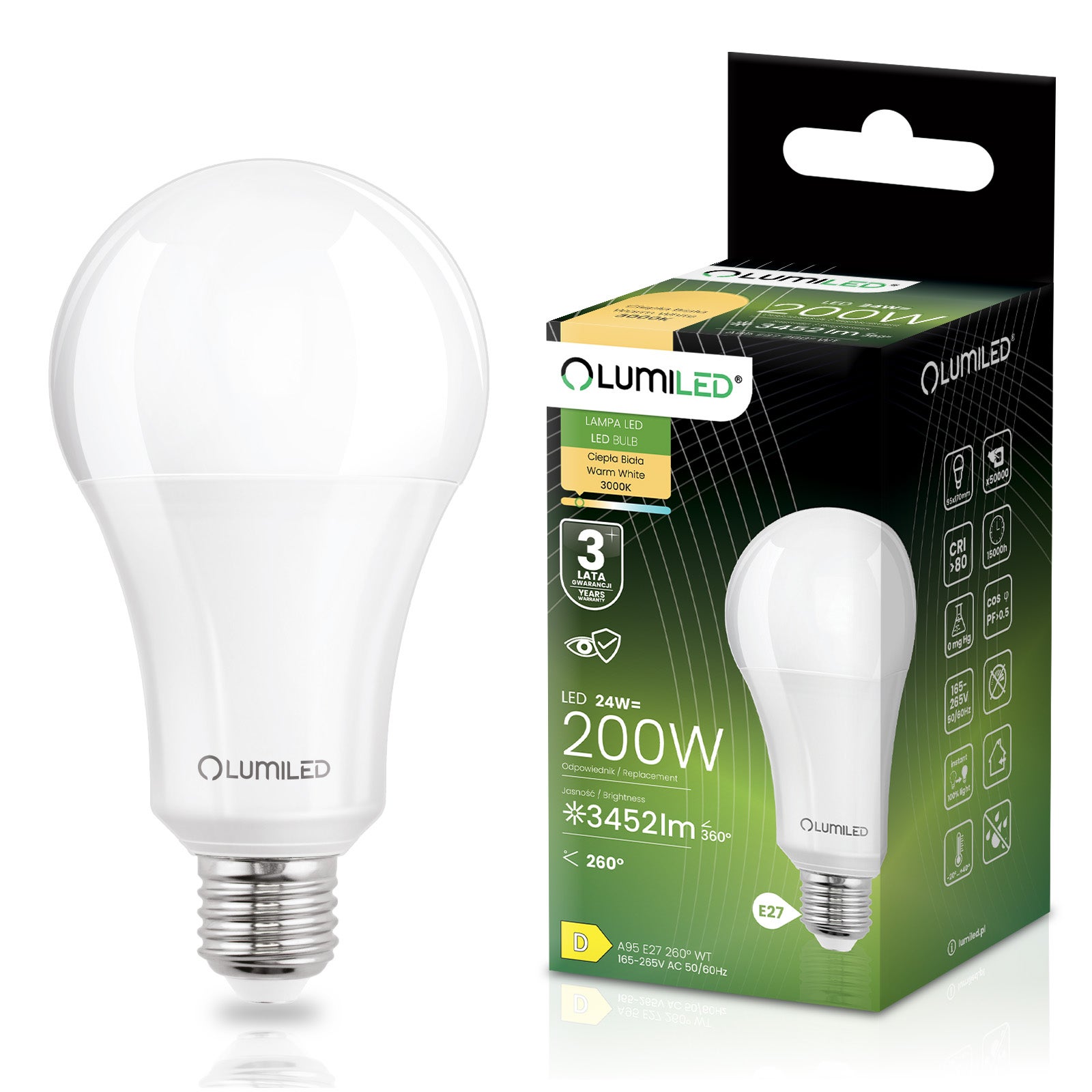 Żarówka LED Lumiled E27 A95 24W 3452lm 3000K Ciepła biel 260st 1 szt.