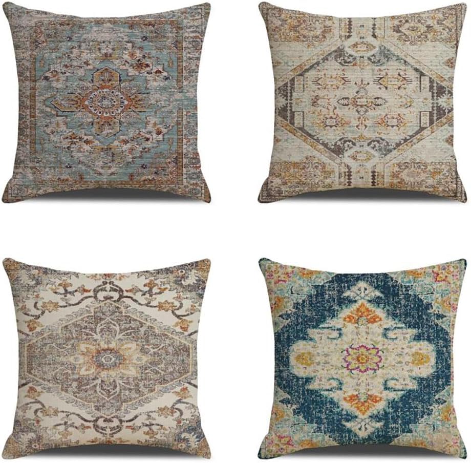 Poszewka na poduszkę 45x45 cm, zestaw 4 poszewek na poduszki z poliestru, dekoracyjny wzór dywanu w stylu retro z motywem kwiatowym, styl boho