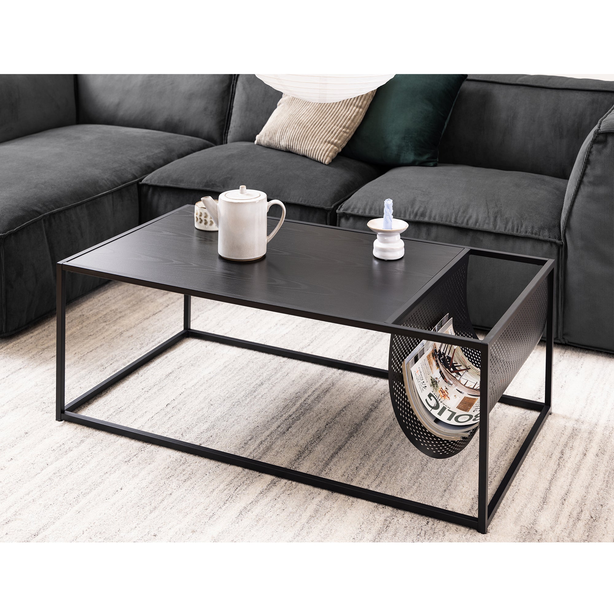 Stolik kawowy Seaford prostokątny ACTONA czarny z gazetnikiem loftowy 110x60 cm 1 szt.