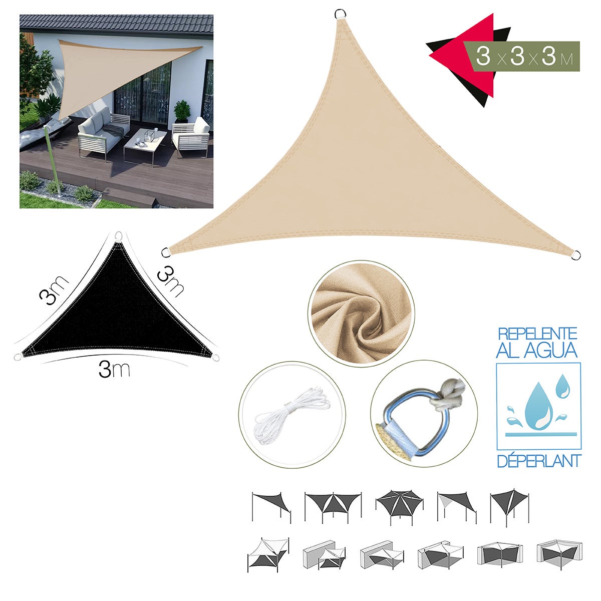 Toldo vela triangular impermeable 3x3x3 m con anillas y cuerdas beige Klack - 7