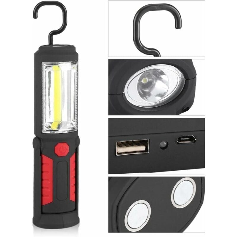 Lampe torche rechargeable USB LED avec Magnétique Lampe de LED 500Lm 3W pour Auto Garage Atelier Camping Bricolage (Red) - 3