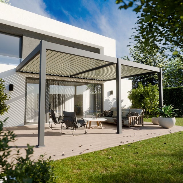 Pergola Bioclimatique Aluminium Adossee 19 m2 - 3,6 x 5,3m - Gris - Lames Orientables de 0 à 120° - ELIOS