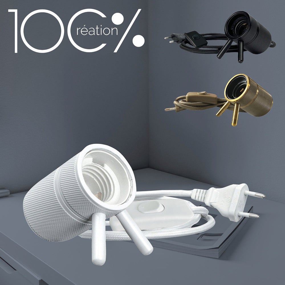 Douille métal E27 blanche précablée à poser, câble en tissu - Tibelec - 2