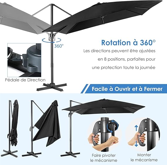 Parasol Déporté Inclinable 3x3 M, Parasol de Jardin Extérieur Pliable, Base Croisée Rotatif à 360°, Protection UV, (Noir, Carré) - 6