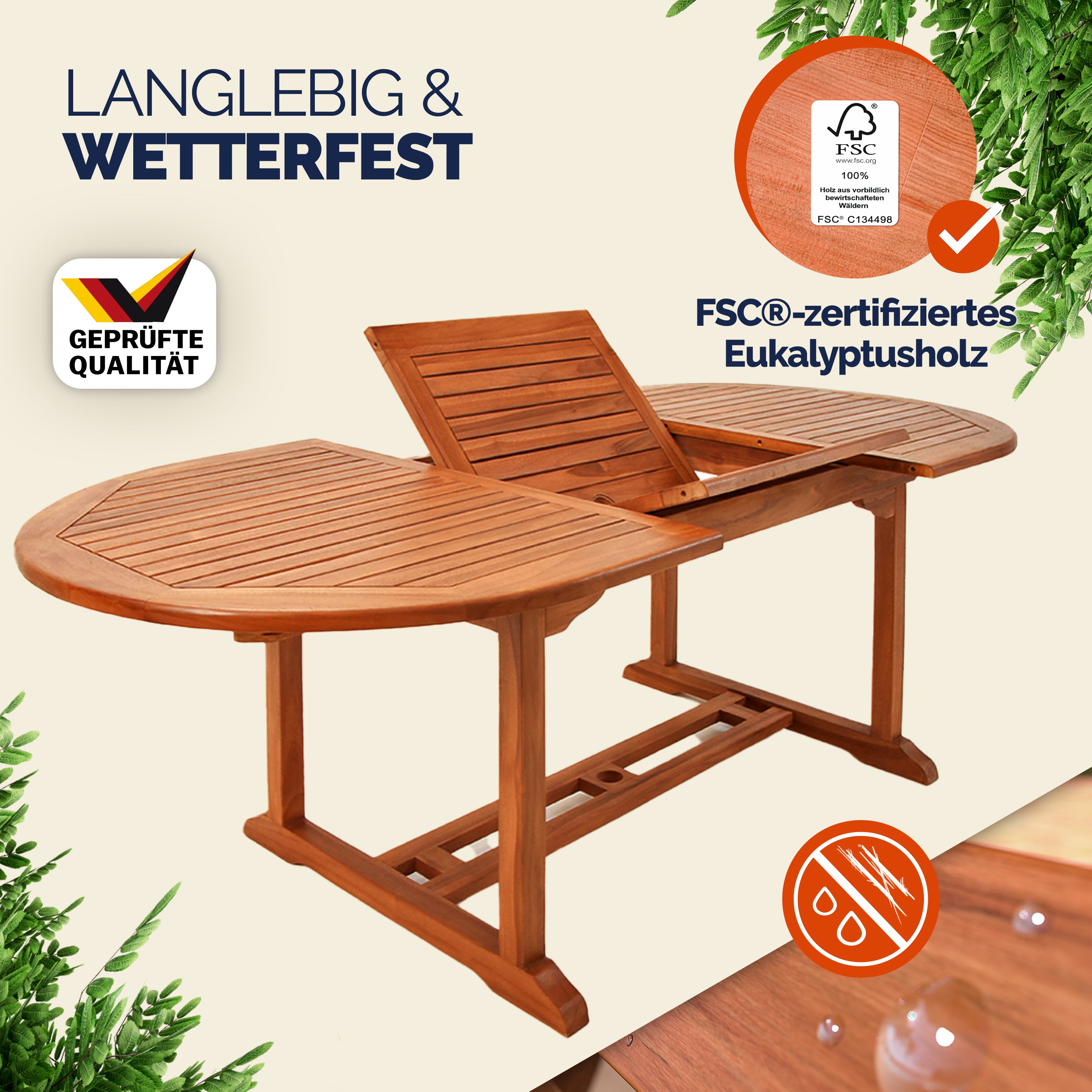 CASARIA® Table De Jardin Extensible Type Papillon 150-200 cm - Trou pour parasol - Salon de jardin bois - 200 x 100 x 74 cm - Pour 6 à 8 Personnes - 8