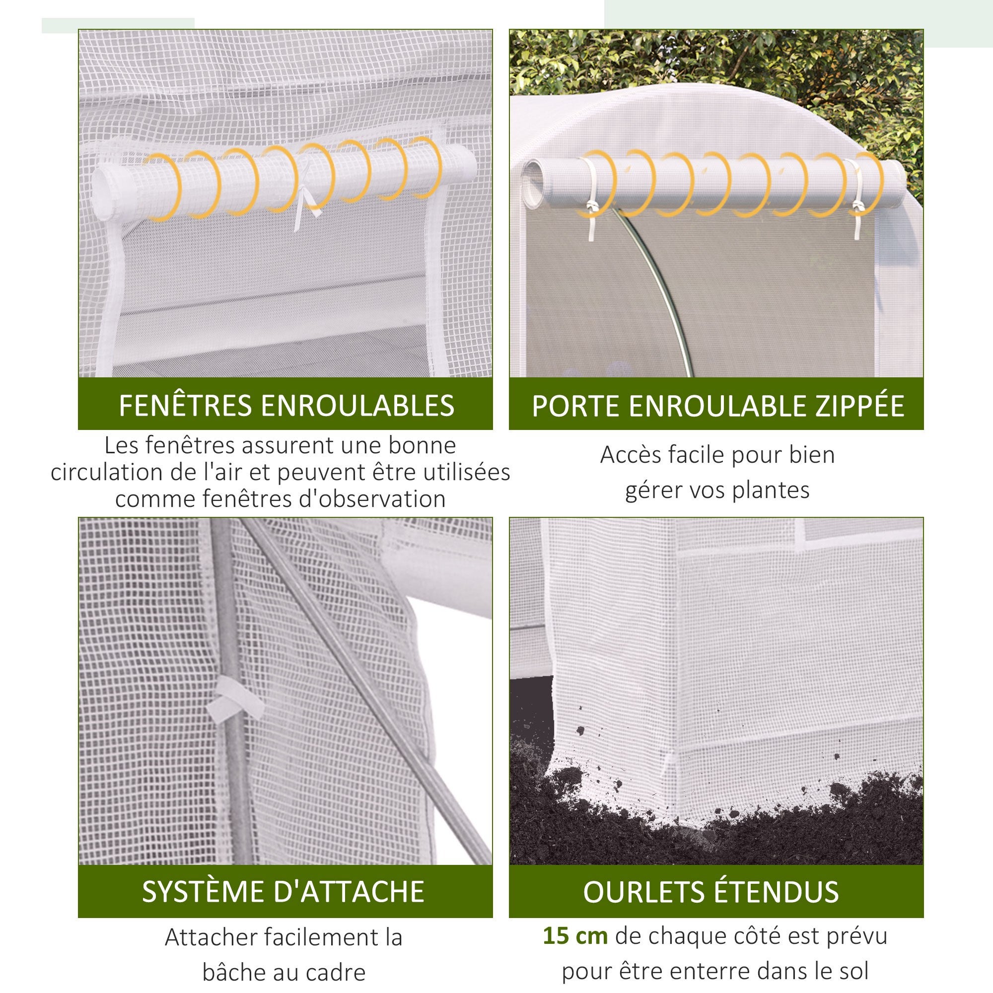 Serre tunnel de jardin - Outsunny - 5m² 245x200x200 cm - porte 4 fenêtres - cadre en métal, bâche PE haute densité 140 g/m² - blanc - 5