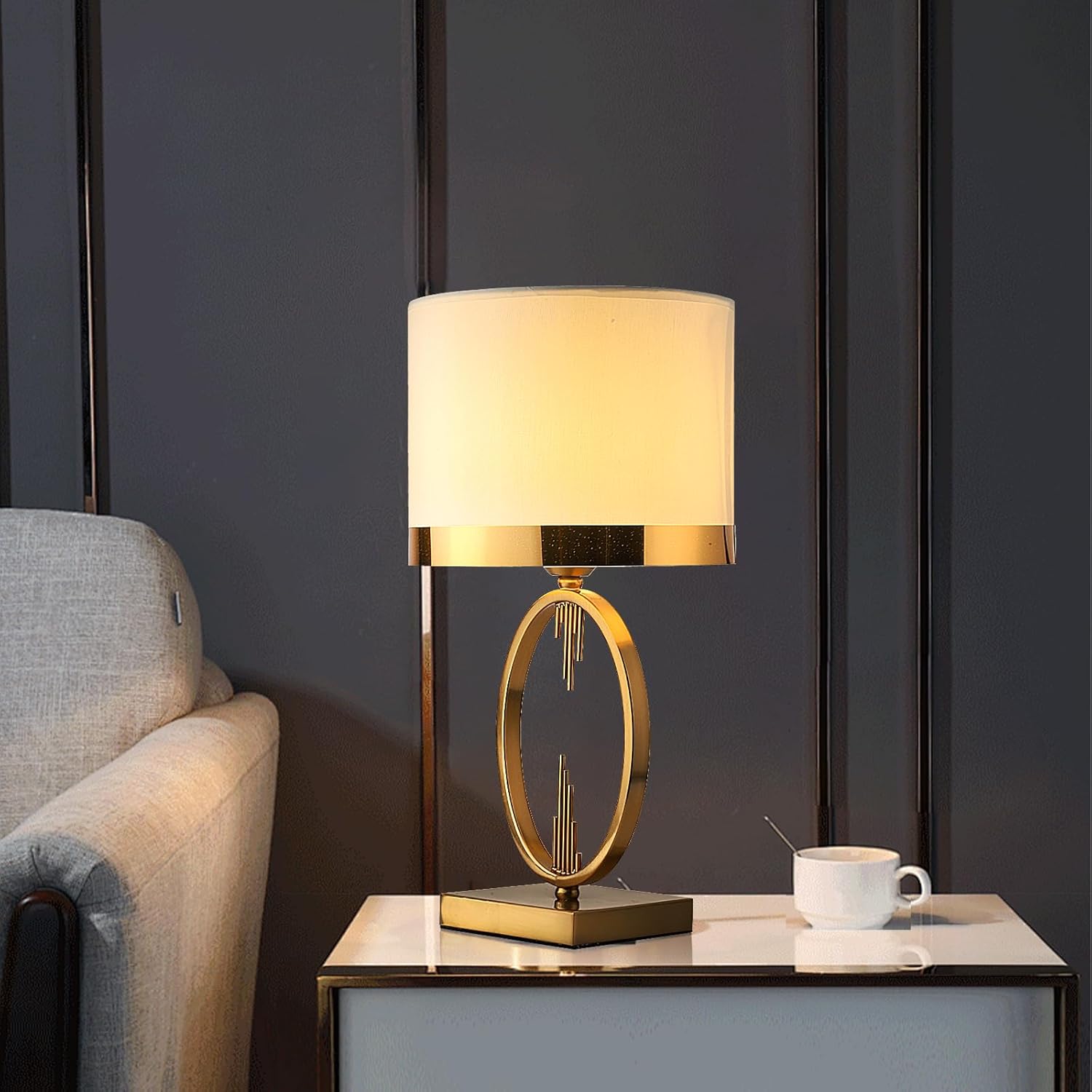 Nowoczesna, lekka i luksusowa lampa stołowa, lampka nocna E27 do salonu, lampa stołowa z białym, materiałowym kloszem, lampka nocna z podstawą - 2