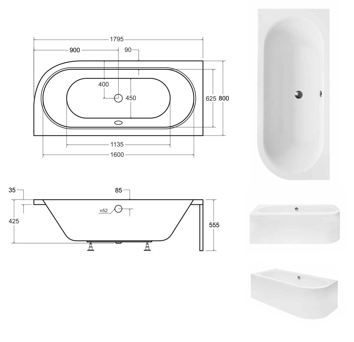 Bañera asimétrica izquierda negro mate delantal + reposacabezas AVITA 180x80 - 3