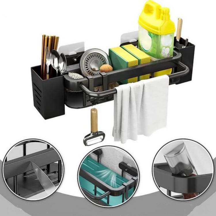 Estante para fregadero de acero inoxidable sin taladrar para cocina, con toallero y portacubiertos, 30 x 13,5 x 6 cm, capacidad de carga de 20 kg - 3