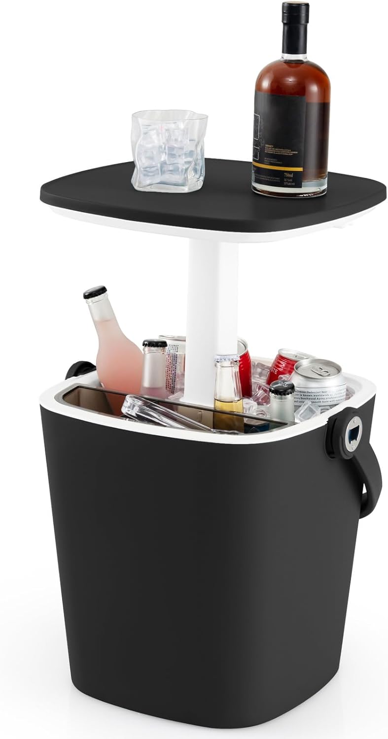 3 w 1 Zewnętrzny Stolik z Lodówką 15 l, Stolik Ogrodowy z Wysuwaną Pokrywą, Przegródką, Otwieraczem do Butelek i Szczypcami do Lodu (Czarny)