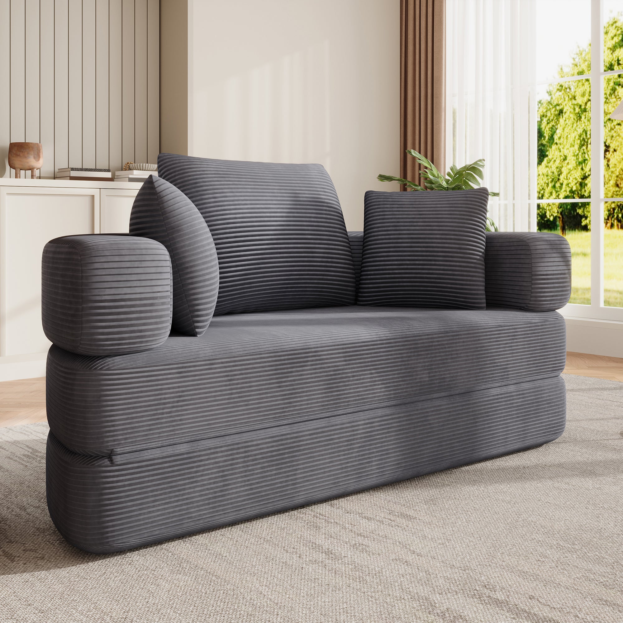 Canapé convertible 2 places rond multifonctionnel, canapé lit pliant en velours côtelé avec 3 coussins, canapé modulaire (173 x 176 cm) - Gris - 2