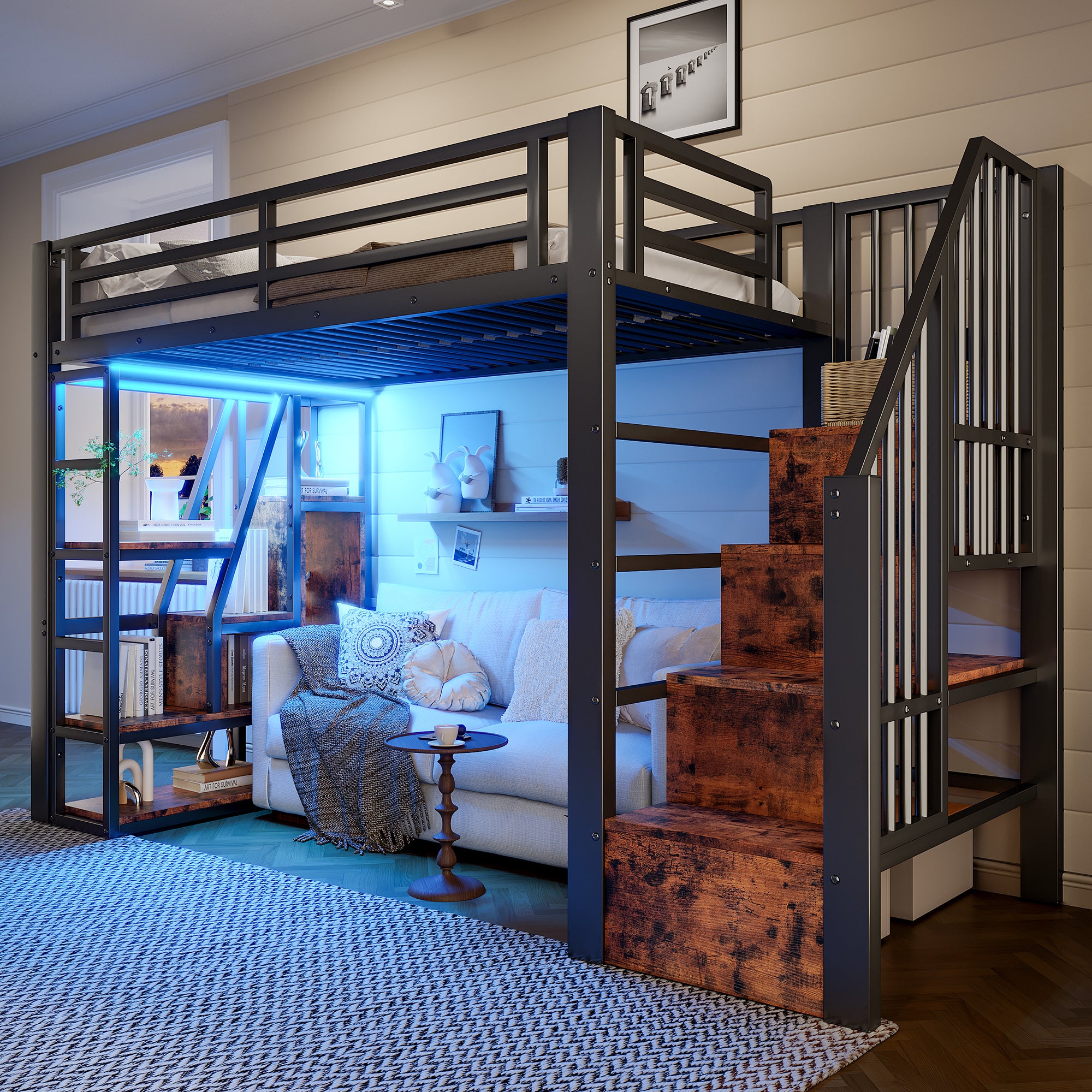 Lit mezzanine en métal 90x200 cm avec LED intégrée,lit surélevé avec rangements et étagères,escalier sécurisé,structure robuste style industriel,Noir - 2