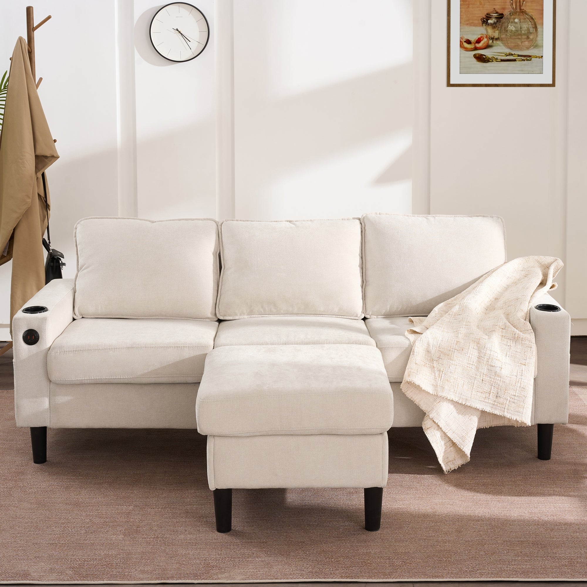 Sofa tapicerowana 3-osobowa - z portami USB i Type-C - z dwoma uchwytami na kubki - Sofa w kształcie litery L z funkcją spania - Beżowa - 5