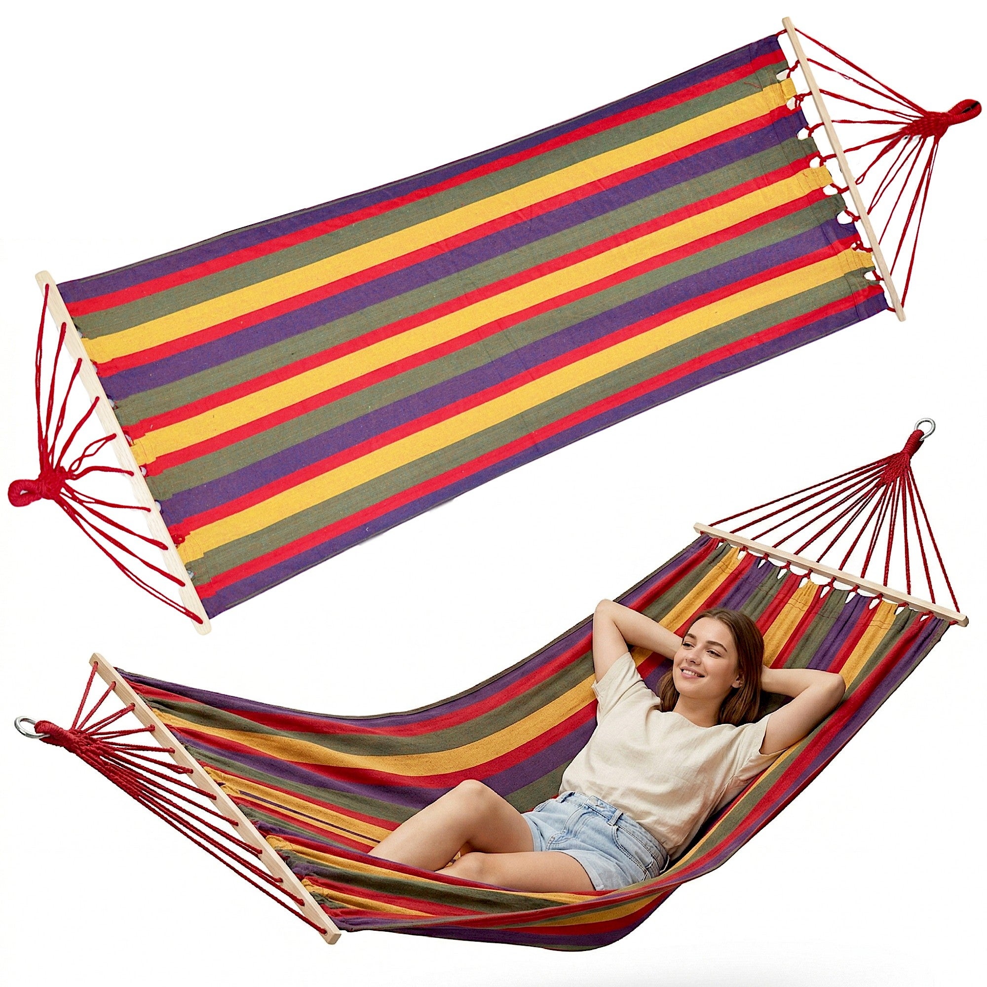 Hamak ogrodowy 1 osobowy 200x80 cm z drążkiem różnokolorowy