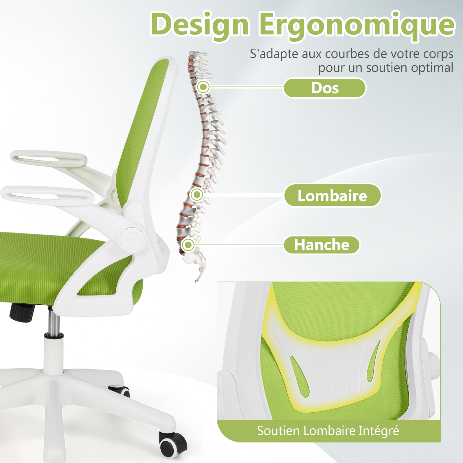 Ergonomiczne krzesło biurowe obrotowe, fotel biurowy z regulowaną wysokością i podnoszonymi podłokietnikami, oparcie z oddychającej siatki, zielone - 6