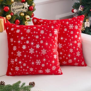 Set Di 2 Federe Per Cuscini Natalizi 40x40 Cm: Alberi E Fiocchi Di Neve Su Verde Con Dettagli Oro