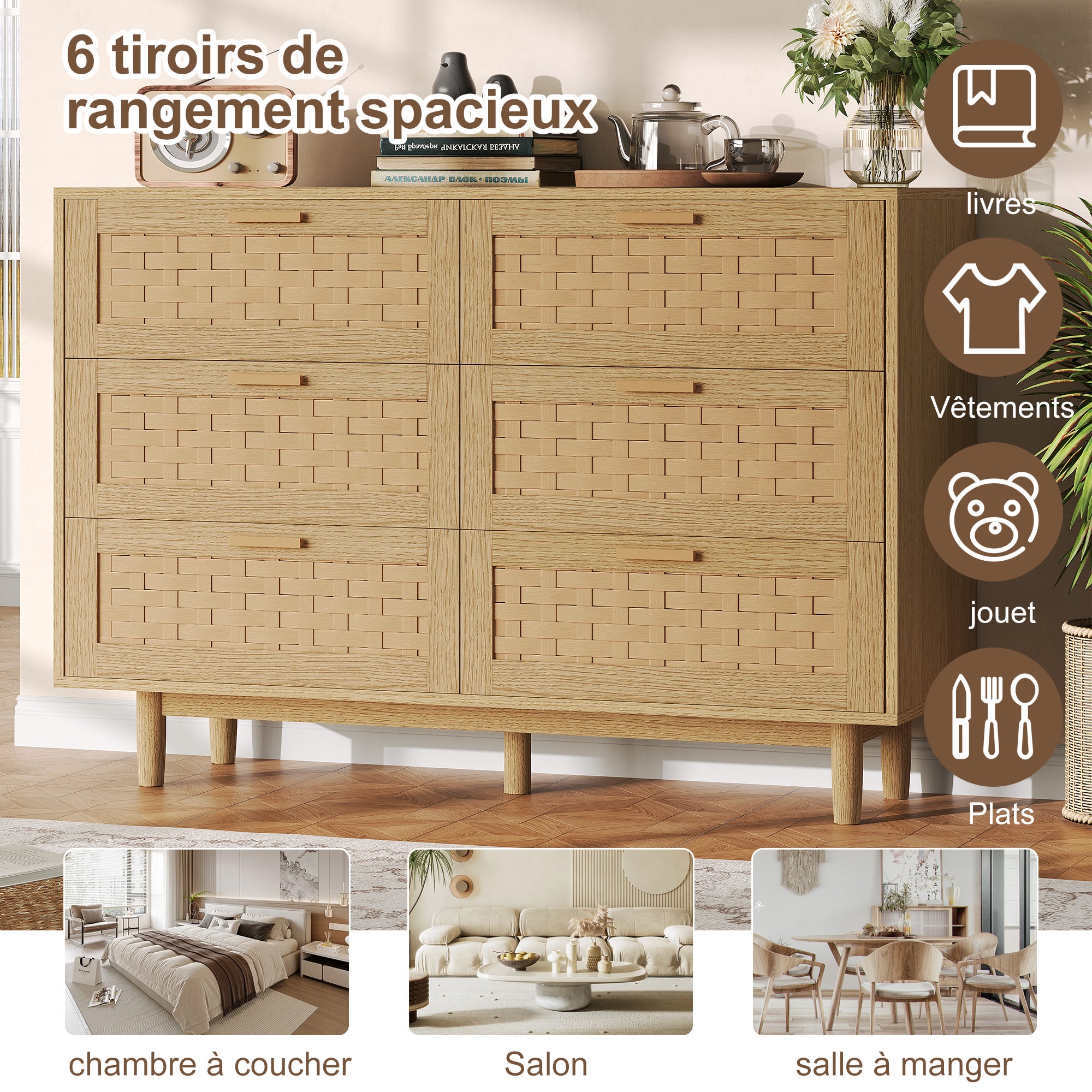 Commode 6 Tiroirs Bois, Armoire à Tiroirs Commode Chambre Adulte en PVC Rotin, Meuble de Rangement pour Salon et Entrée Couloir, Brun(115x80x40 cm) - 4