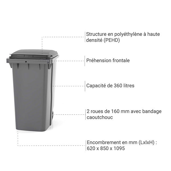 Contenitore per rifiuti da 360 litri con maniglia anteriore - Colore del coperchio Grigio antracite - 620 x 850 x 1095 mm - 210006GAGA - 3