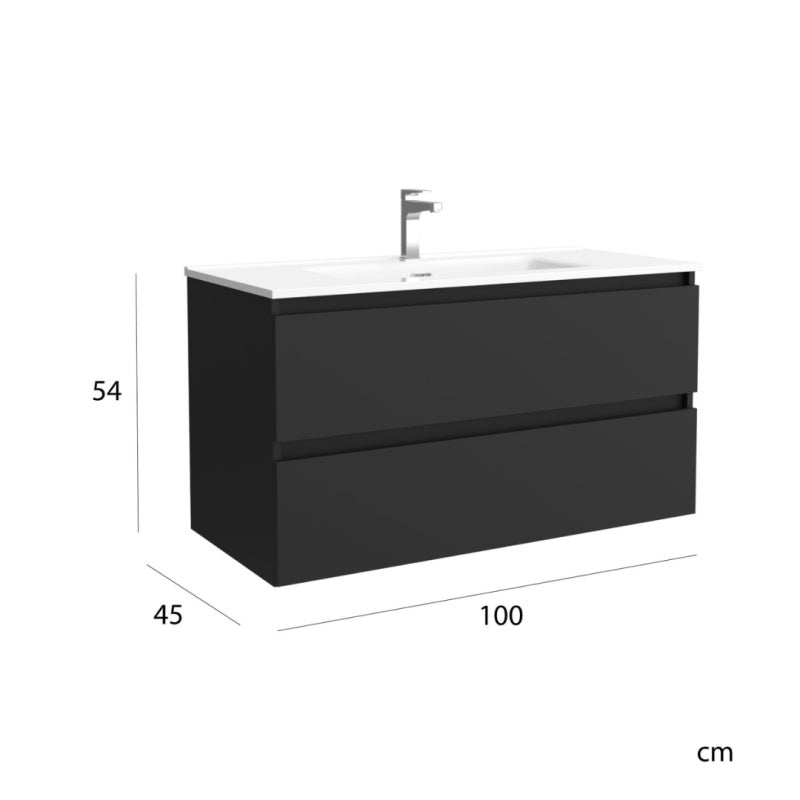 Meuble de salle de bain BEQUIA 100cm Noir mat | Vasque Porcelaine - 5