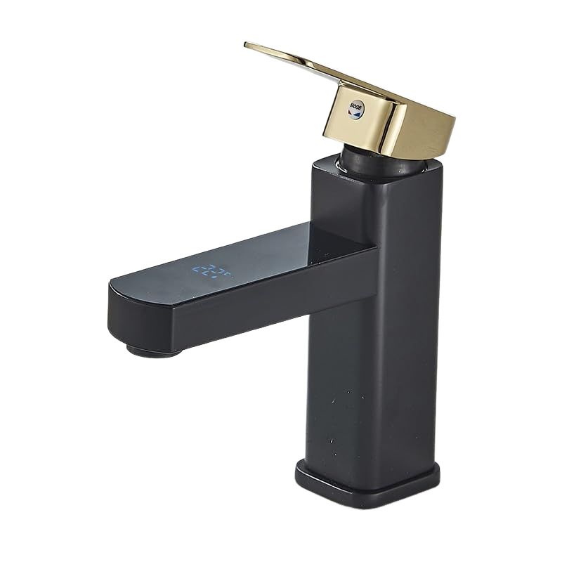 Inteligentna bateria umywalkowa z wyświetlaczem cyfrowym, bateria umywalkowa do łazienki (czarno-złota, krótka wersja)