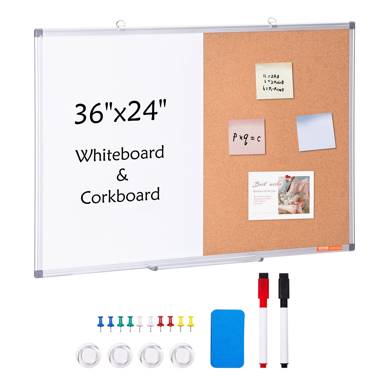 Vevor juego de pizarra blanca y tablero de corcho, marco de aluminio de 36 x 24, tablero de pared magnético de doble función para uso en oficina