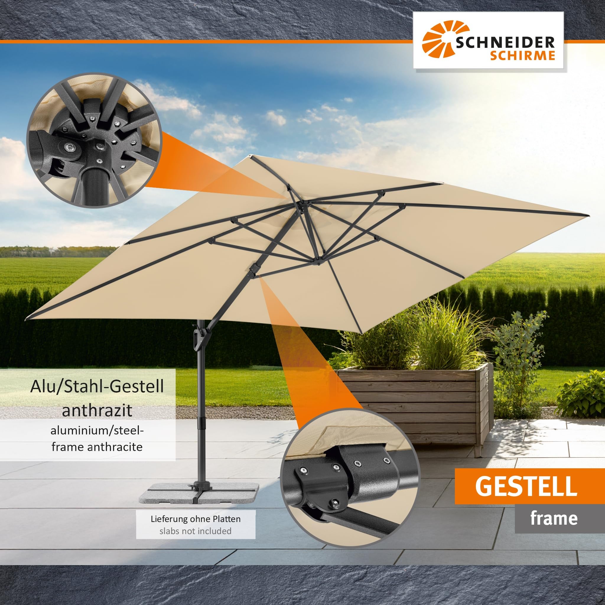 Parasol déporté Schneider Tavo naturel, 400 x 300 cm – rotatif 360°, inclinable, avec housse et support pour dalles - 7