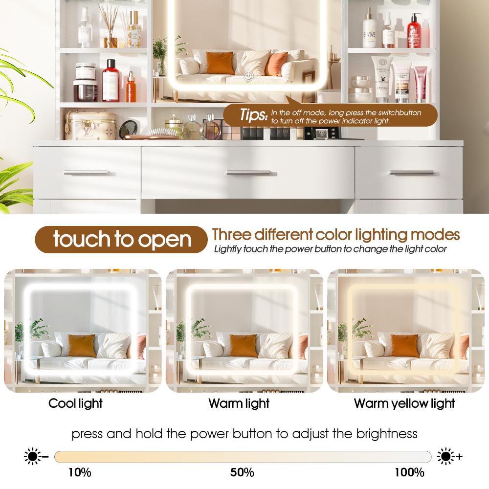 Meuble de toilette avec miroir - Tiroirs, étagères, surface spacieuse, toit anti-poussière - 3 modes de couleur, blanc - Idéal pour chambre - 3