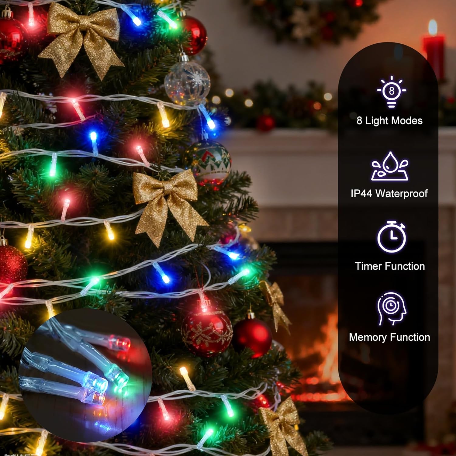 Luci a stringa LED da 50 m, 400 LED, luci natalizie impermeabili IP44 con telecomando e timer, 8 modalità, luce colorata - 4