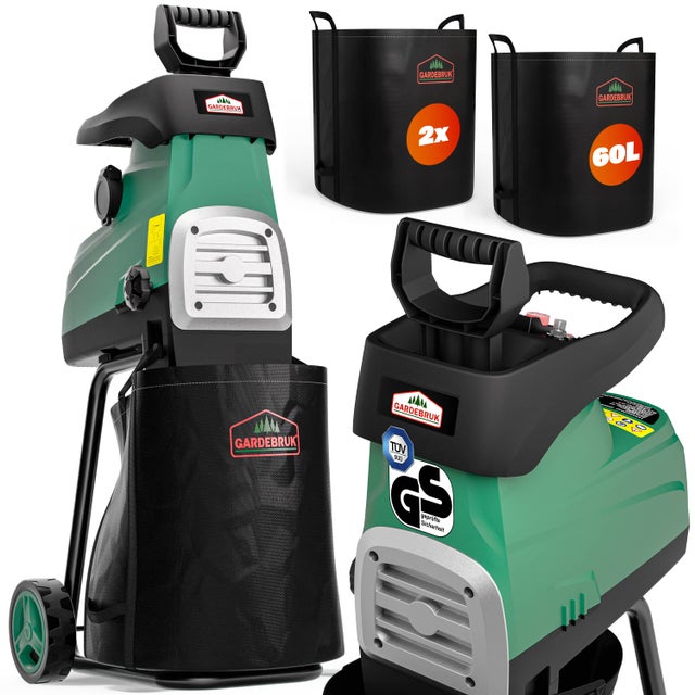 GARDEBRUK® Broyeur de végétaux électrique 3.100W max. 44mm sac 2x 60L broyeur à rotor broyeur végétaux silencieux rouleau jardin déchet vert compost