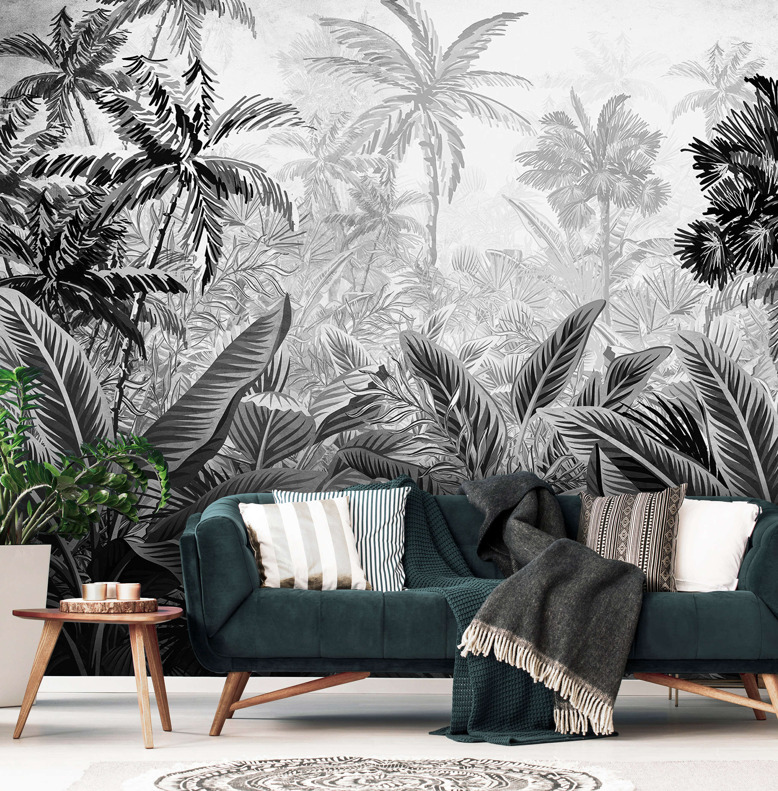 Papier Peint Intissé Panoramique Noir et blanc Jungle Forêt Nature Feuilles 254x184 cm - Colle Inclus - Chambre et Salon Cuisine - 2