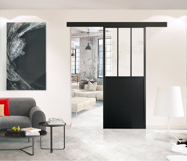 Kit porte coulissante Atelier noir vitre claire + rail 2 amortisseurs + cache rail décor assorti - verre transparent - H 204 cm x L 73 cm
