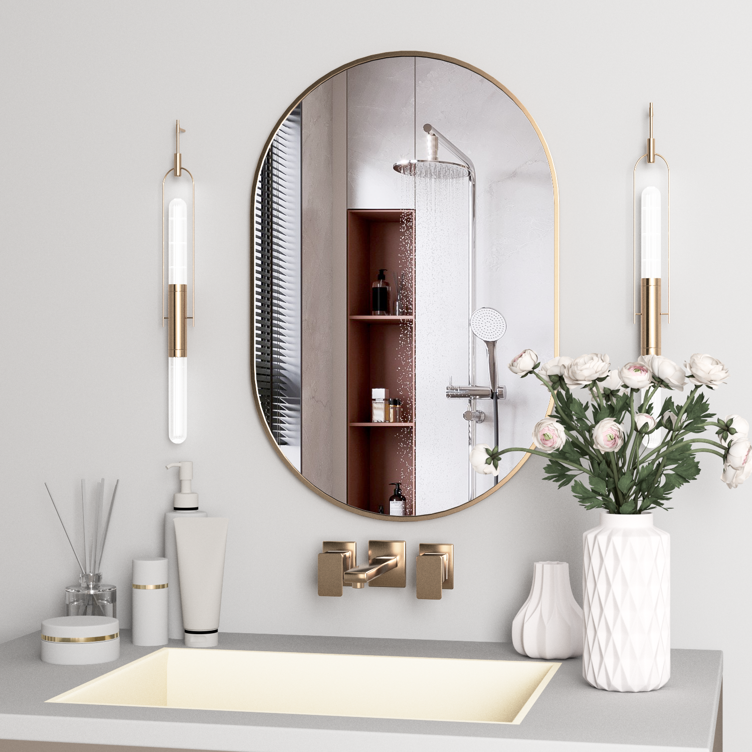 ELEMANGO Miroir de salle de bain mural owalny 50 x 75 cm, grand miroir w formie kapsuły, doré
