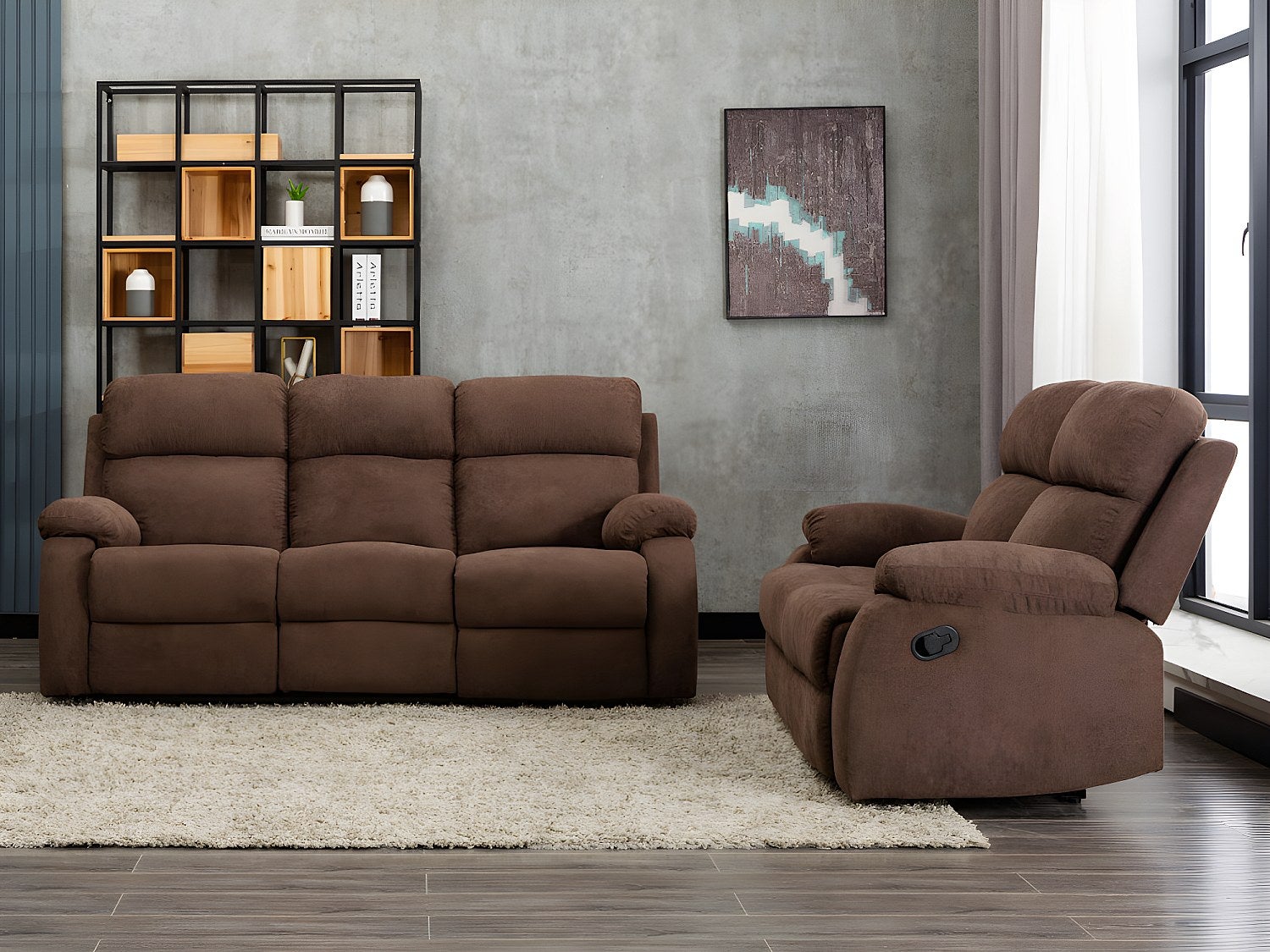Kanapy 3+2-osobowa TOLZANO z tkaniny, z manualną funkcją relax – kolor brązowy