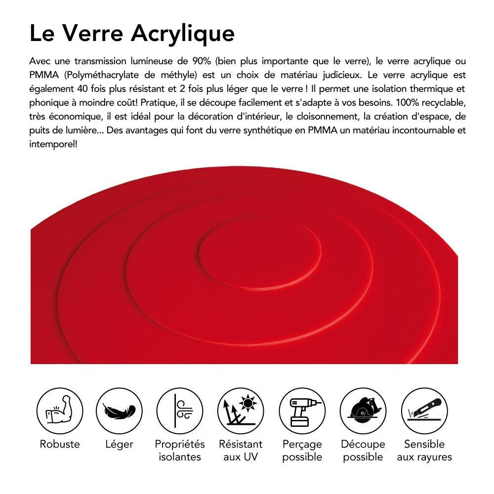 Rond verre acrylique rouge 3 mm - Diamètre 80 cm (800 mm) - Disque verre synthétique - Plaque PMMA XT - 2