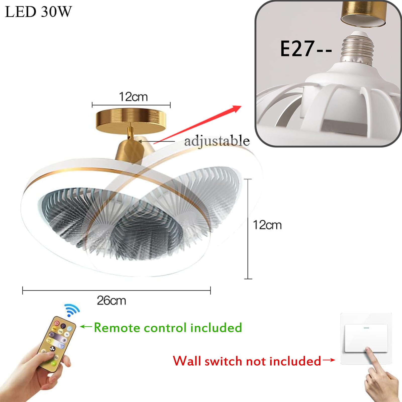 Ventilateur de plafond silencieux avec éclairage, 30 W, avec télécommande, douille E27, 3 vitesses, 3 couleurs dimmables - 3