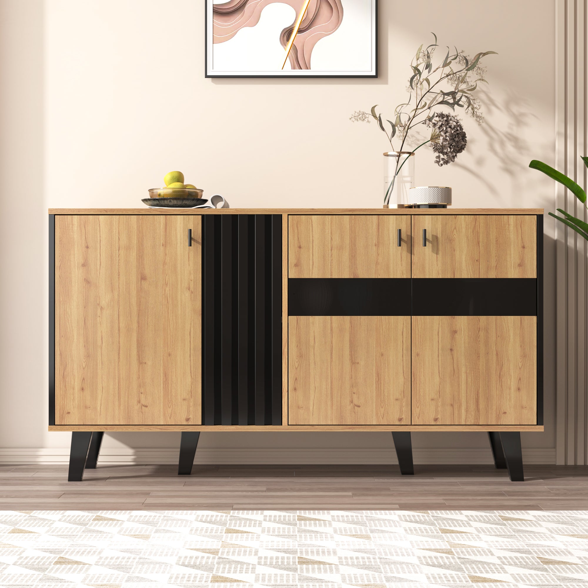 Komoda niska z 3 drzwiami - 140 x 78,5 x 41 cm - Szkło i płyta wiórowa - Diody LED - Naturalny - 3