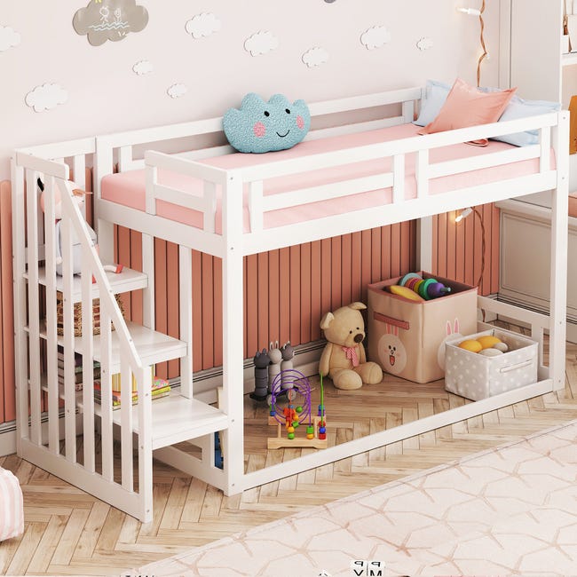 Letto a castello, 90 x 200 cm, letto in legno con scale e recinzioni, con tenda, scivolo e scaffale, lettino con protezione anticaduta e griglia, telaio in pino, bianco Letto a castello, 90 x 200 cm, letto in legno con scale e recinzioni, con tenda, scivolo e scaffale, lettino con protezione anticaduta e griglia, telaio in pino, bianco